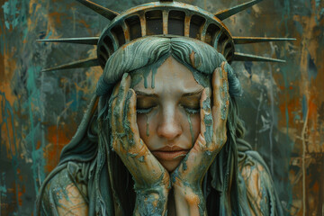 Obraz premium Artistic portrayal of a distressed Statue of Liberty, evoking feelings of sadness and reflection on freedom.