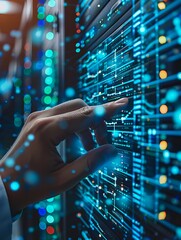 Close-up of a hand interacting with a digital interface in a server room, showcasing technology and data management.