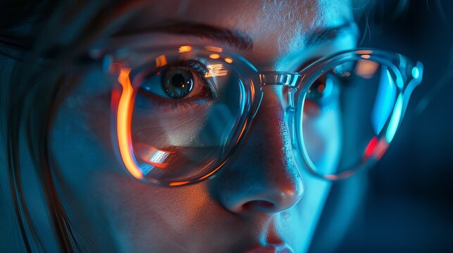Close-up of a focused individual wearing glasses, illuminated by vibrant blue and orange lights, representing technology and concentration.