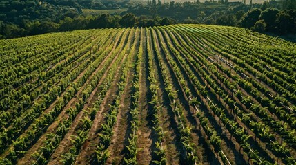 Develop an aerial perspective of a vineyard, with rows of grapevines stretching across rolling hills, highlighting the agricultural beauty and the cultivation process.