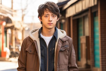 A young man wearing a brown jacket and blue jeans stands in front of a building