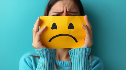 Holding Sadness: Frowning Emoji Amidst Falling Pieces. visual metaphor for emotional turmoil, depicting hands holding a frowning emoji surrounded by falling pieces, symbolizing of feelings.
