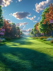 Naklejka premium Beautifully Decorated Patriotic Yard Signs and Banners Celebrating Independence Day Festivities in a Scenic Nature Landscape with Green Grass Trees and Cloudy Sky