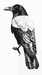 Fototapeta premium A realistic pencil drawing of a hooded crow with white back feathers