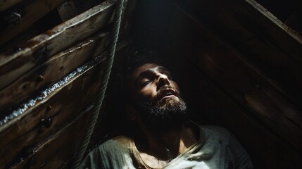 A man with a beard lies down in a cramped space, looking up with hope