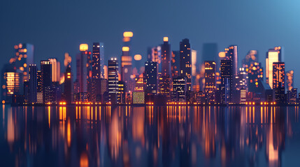 Fototapeta premium city skyline illuminated at night flat design front view, nighttime, 3D render, vivid.