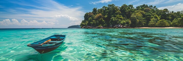 Small boat on crystal clear water near tropical island