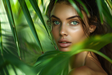 Fototapeta premium a woman with a green eyes is standing in the jungle