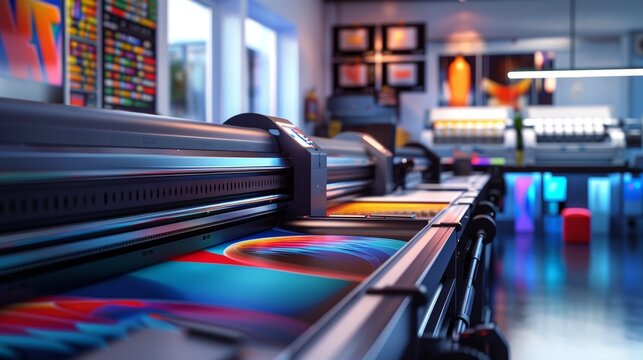 Modern Digital Printing Facility with High-Tech Printers. A modern digital printing facility equipped with advanced, high-tech printers, emphasizing the efficiency and capability of contemporary print