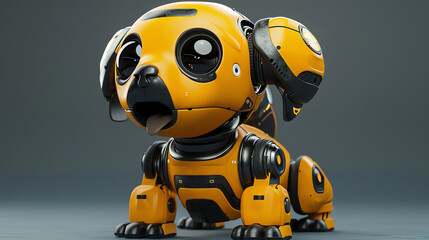 A robot dog or other animal pet toy with a surprised expression, a combination of 3D digital illustration and matte painting