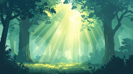 Obraz premium streaks of sunlight through a forest canopy flat design side view, nature theme, cartoon drawing, Triadic Color Scheme.