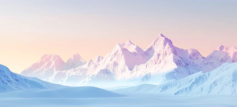 snowy mountains under a clear sky flat design side view, winter theme, 3D render, Triadic Color Scheme.