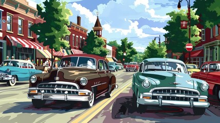 Develop an illustration of a vintage car parade, with a variety of classic models driving down a historic main street, celebrating automotive heritage.