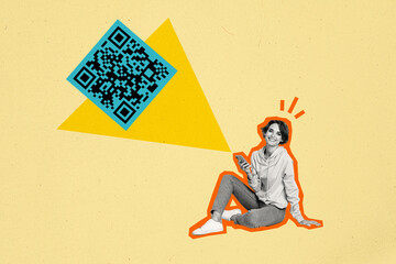 Composite photo collage of happy girl hold iphone device projection qr code shopping online freelance isolated on painted background