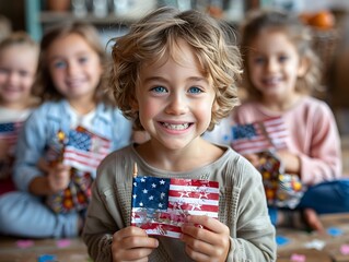 Group of happy diverse children holding small American flags and smiling as they celebrate in a classroom or daycare setting