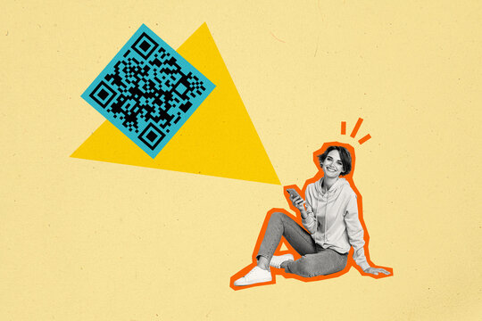 Composite photo collage of happy girl hold iphone device projection qr code shopping online freelance isolated on painted background