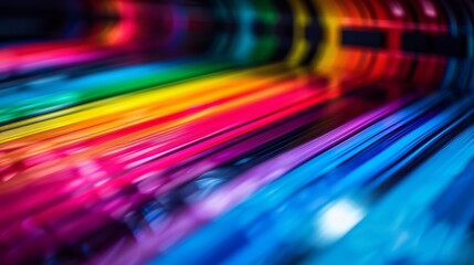 Close-up of vibrant printer inks flowing in a spectrum of colors.