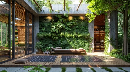 Obraz premium A stunning image capturing the essence of a sustainable green living room design. This modern interior features lush vertical gardens, large windows allowing natural light, and eco-friendly decor. Ide