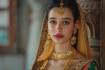 Obraz premium a woman in a traditional indian dress with a gold necklace and earrings