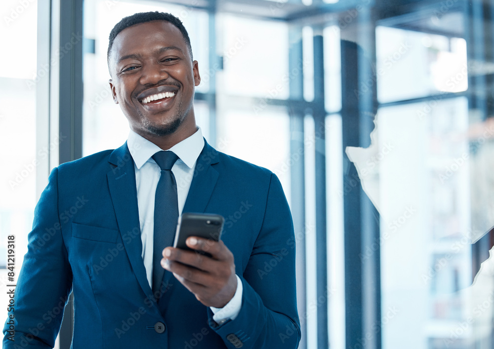 Aufkleber portrait, businessman and cellphone for networking, communication and happy in modern office. techno