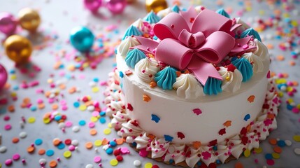 A vibrant birthday cake with a large bow, surrounded by colorful party decorations and confetti on a white background