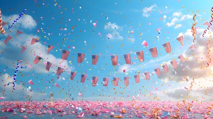Naklejka premium of patriotic bunting and colorful confetti in traditional American flag colors red white and blue creating a festive celebratory backdrop against a bright cloudy sky