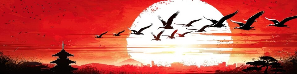 Obraz premium A red and orange sky with a large sun and a group of birds flying in the sky