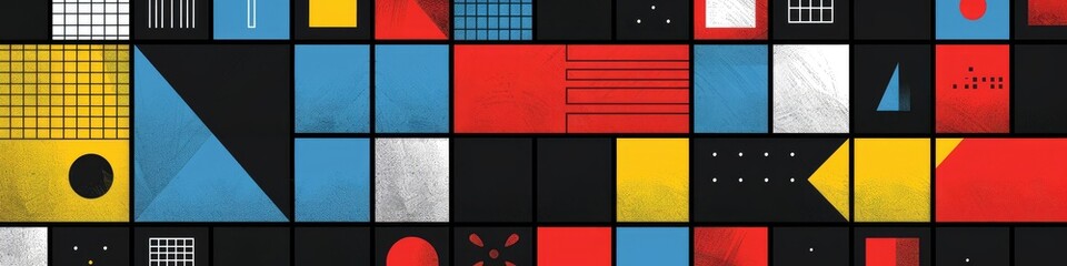 A colorful collage of squares and rectangles with a black background