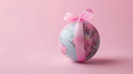 Global Cancer Awareness Concept with Pink Ribbon. A poignant image symbolizing global cancer awareness, featuring a globe wrapped in a delicate pink ribbon against a soft pink background.