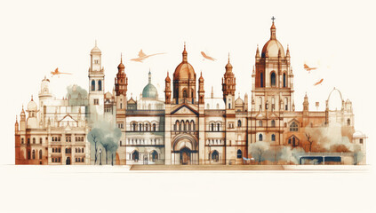 Watercolor splash with hand drawn sketch of Gateway of India Mumbai, India in illustration