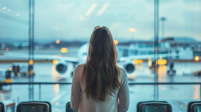 Woman standing at airport terminal window watching airplane on runway during dusk concept travel journey adventure airport aviation waiting