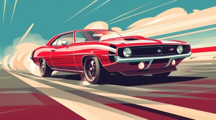Illustrate a retro muscle car in a drag race, capturing the raw power, loud engines, and excitement of classic American automotive culture.