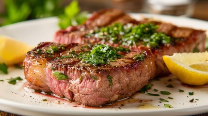 Plated steak with a garnish of fresh herbs and a lemon wedge