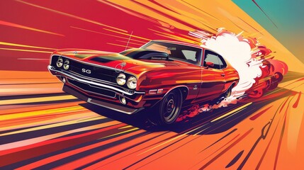 Illustrate a retro muscle car in a drag race, capturing the raw power, loud engines, and excitement of classic American automotive culture.