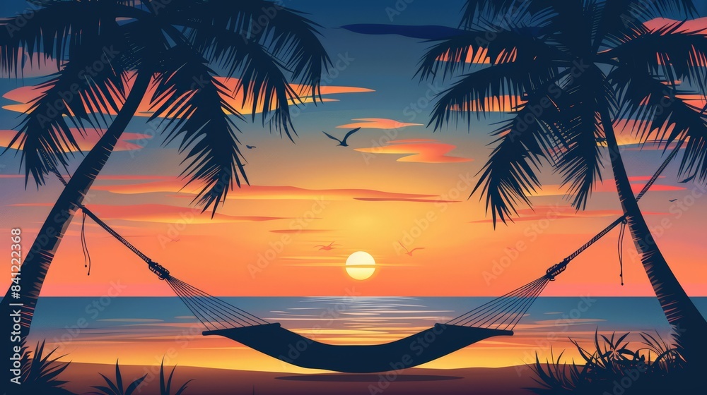 Poster Illustrate a serene beach at sunset with a hammock strung between two palm trees, symbolizing relaxation, escape, and the allure of tropical destinations.