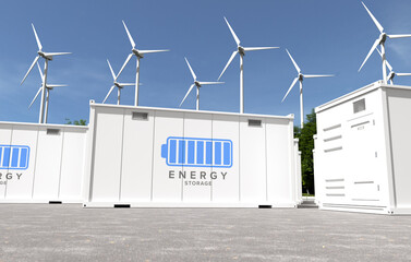Energy storage systems with wind turbines, Green alternative energy concept. 3D illustration
