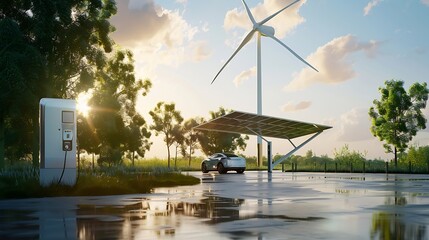 Using of charge station solar panel and windmill background Sustainability assessment renewable energy concept Electric vehicle using sustainable source wind generator Saving climate c : Generative AI