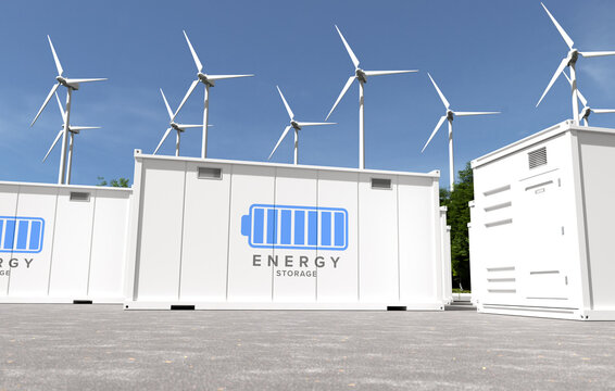 Energy storage systems with wind turbines, Green alternative energy concept. 3D illustration