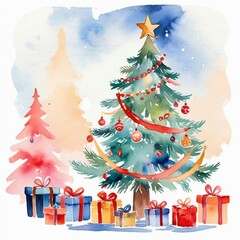 Watercolor Illustration of a Festive Christmas Scene with a Decorated Tree and Presents
