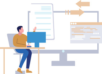 Boy is showing data converting from webpage on monitor screen.