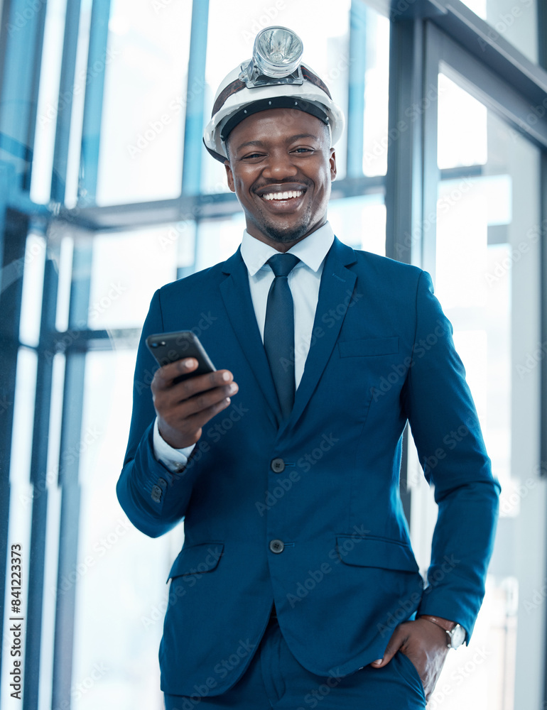 Poster Portrait, businessman on cellphone and construction hat for project, development and networking in office. Technology, planning and happy architect in workplace with internet for online communication