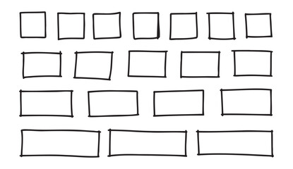 Free outline hand drawn vector squares, rectangles different sizes. Scribble rectangular frames set. Freehand square borders. Text highlight underline. 