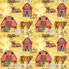 Farm life seamless pattern. Watercolor painted illustration. Hand dawn vintage style countryside red barn, hay stack, cows, straw bricks elements. Farm during harvest season seamless pattern
