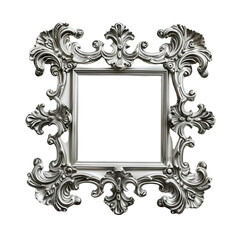 Elegant ornate silver picture frame with intricate detailing and baroque design, perfect for classic and vintage decor.  isolated on a transparent background.