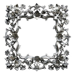 Elegant silver floral frame with ornate design, perfect for vintage decoration or classic photo border.  isolated on a transparent background.