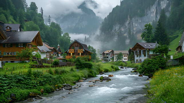 Swiss landscape with river stream and houses