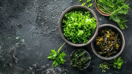 Top view of fresh green herbs and leaves in bowls on a dark background. Perfect for culinary, health, and nature related projects.