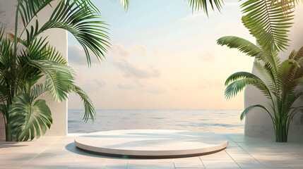 Table top podium stage stand on tropical palm tree background for product placement 3d render