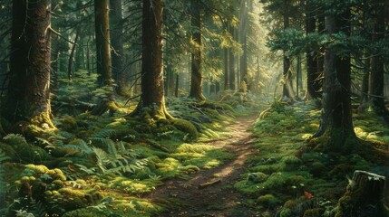 Obraz premium A serene forest pathway illuminated by sunlight, surrounded by lush green trees and moss, creating a peaceful and natural atmosphere.
