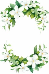 Fototapeta premium jasmine themed frame or border for photos and text. featuring delicate white flowers and green leaves. watercolor illustration, white color background.